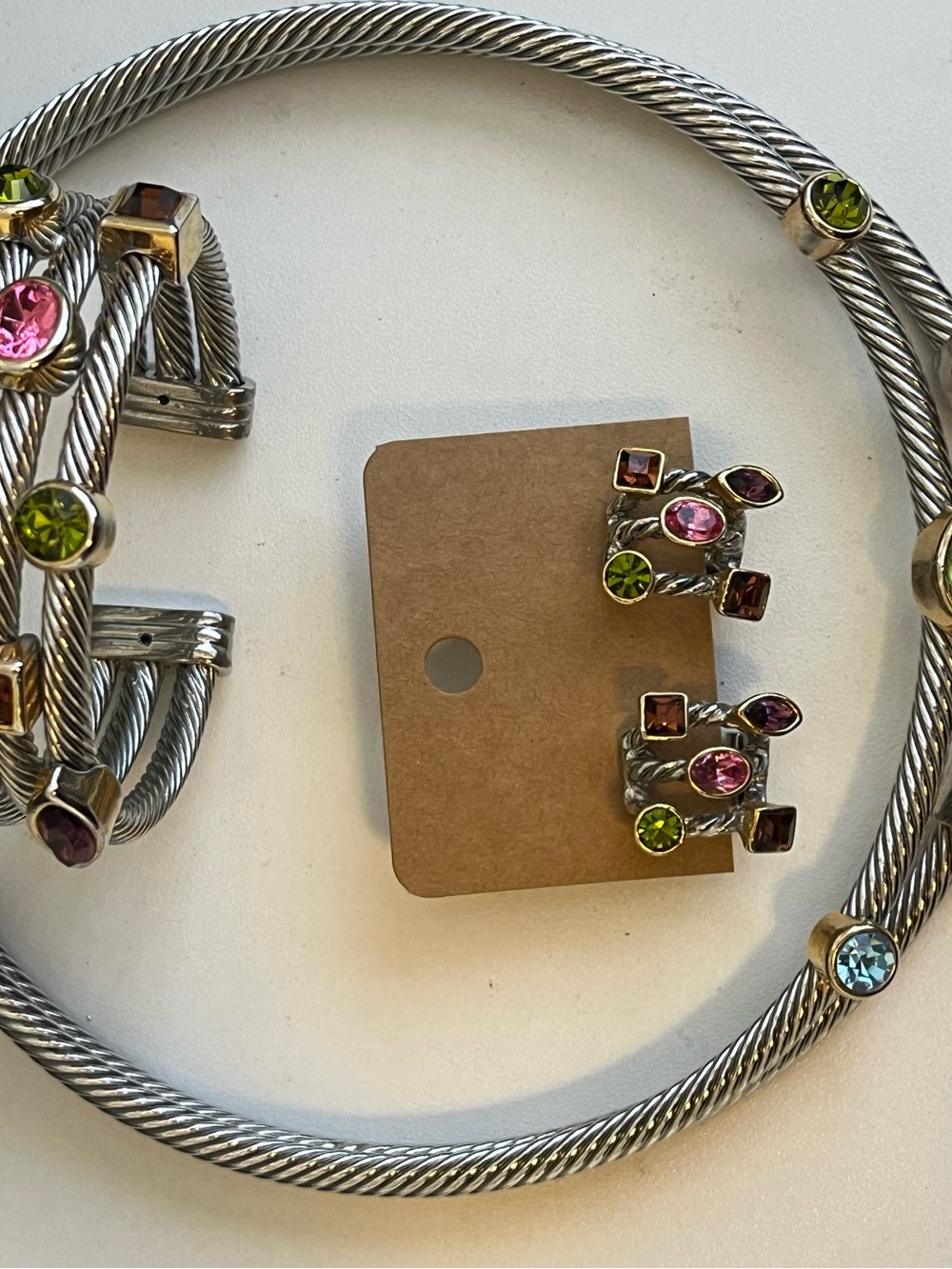 Multicolored CZ chunky twisted silver tone cuff collar and earring set - Picture 2 of 11